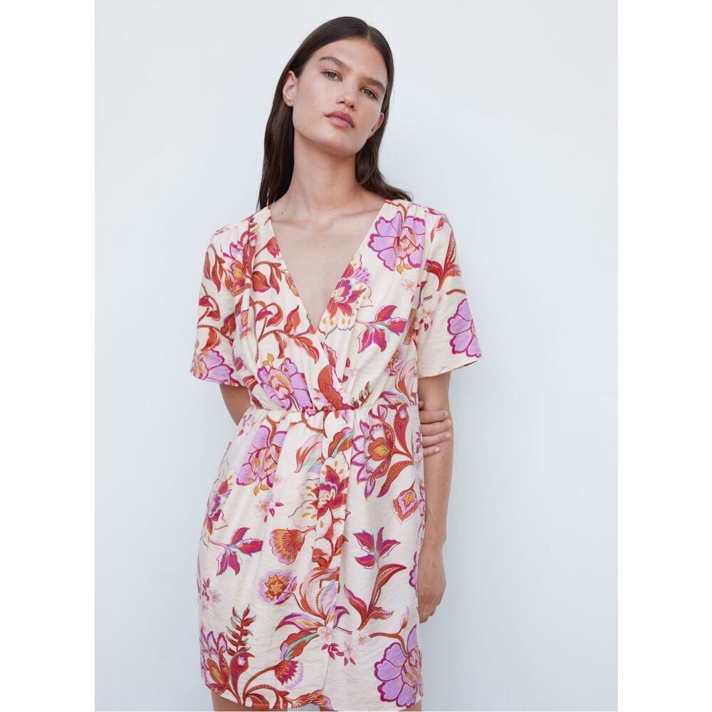 Mango Vestido Flora Women's Floral Wrap Dress Sz 2 Off White Pink